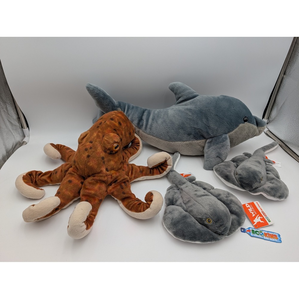 Wild Republic Plush Octopus Shark Stingray EcoKins Lot of 4 Stuffed Animal Toy